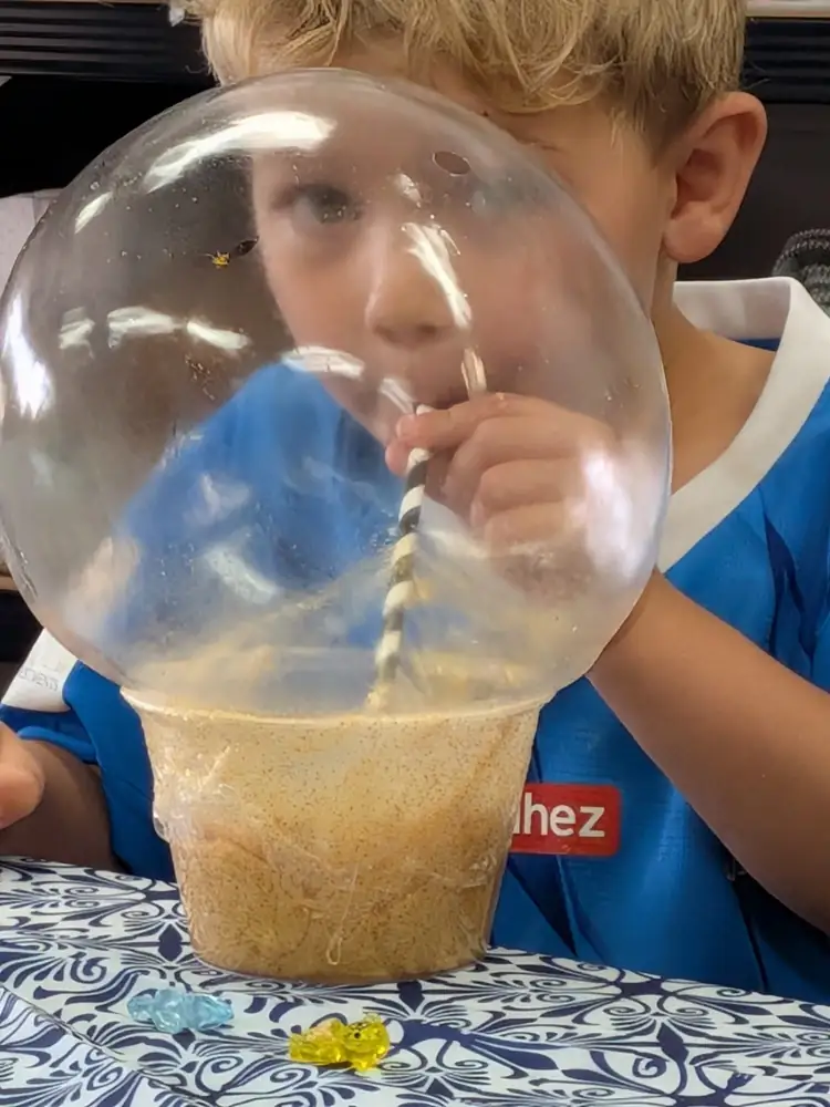 A child watching a large bubble during a workshop activity