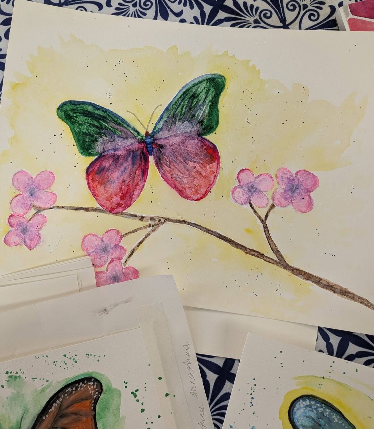 Hand-painted watercolour butterfly artwork and cards