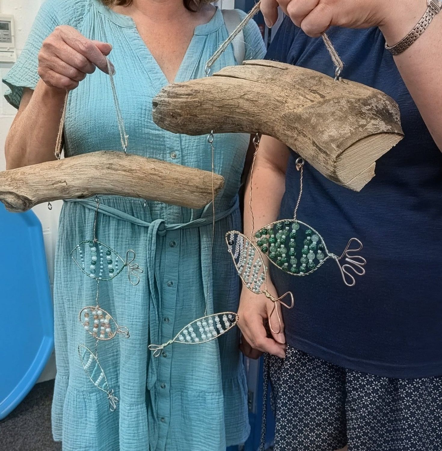 Beaded driftwood fish hangings